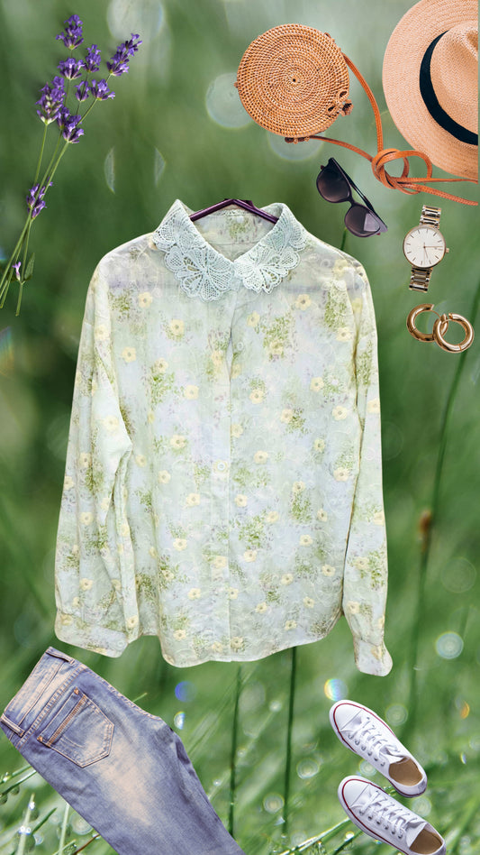 Flower Embroidered Lacy Collar Shirt