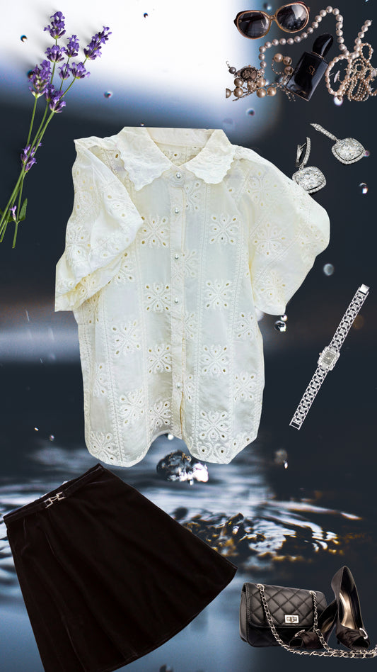 Organza Eyelet Sciffli Embroidered Chikankari Half Puff Sleeve Shirt with Inner