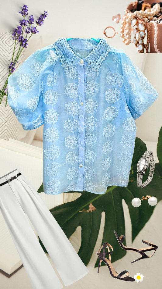 Rose Embroidered Organza Puff Half Sleeve Shirt with Inner