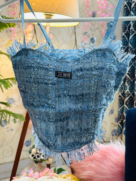 Glitzy Blitzy Denim Ruffled Taper Top