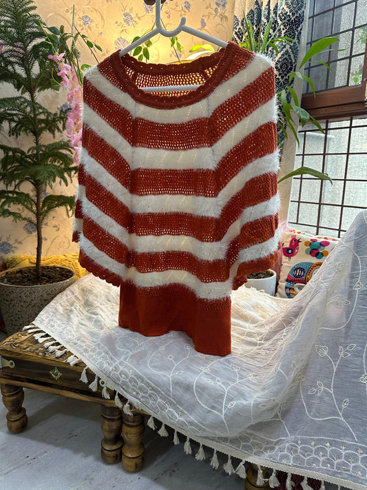 Rust Crochet Knit Batwing Woolen Top