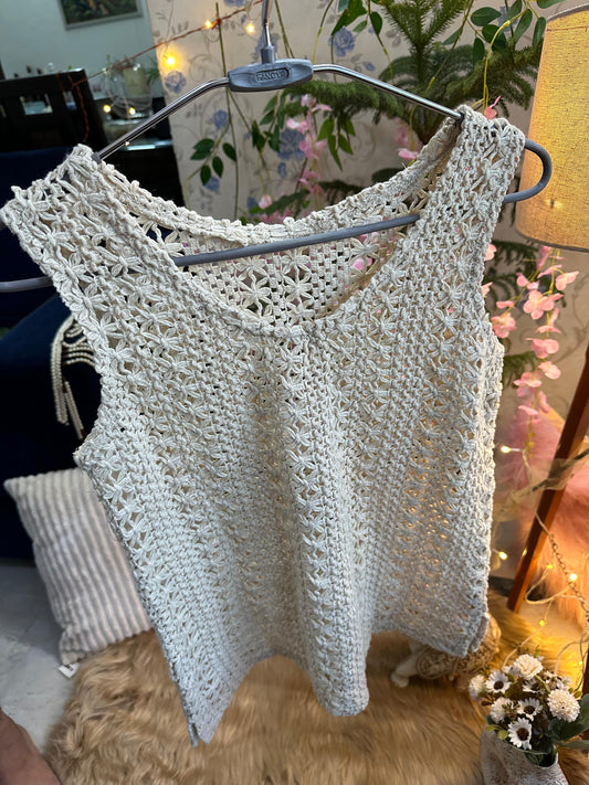 Crochet All Day Beige Flower Design Sleeveless Long Top