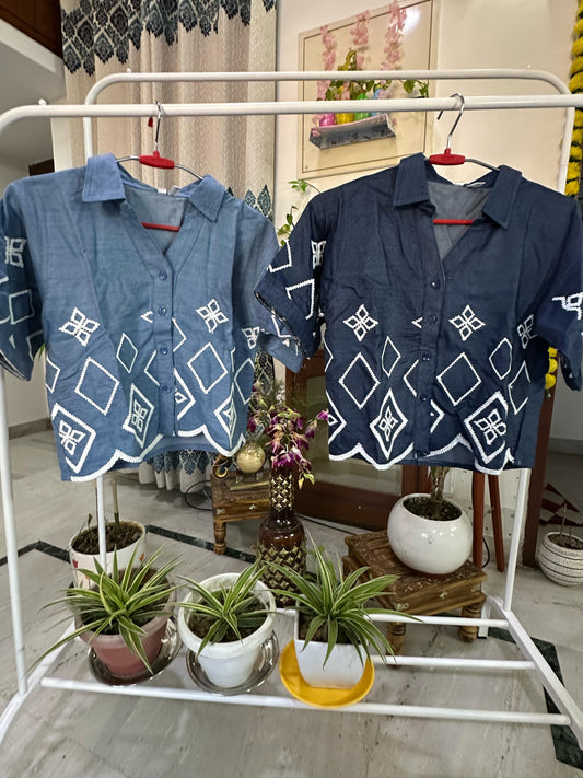 Embroidered Denim Half Sleeve Crop Shirt