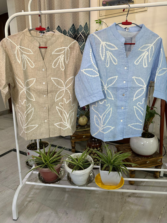 Hand Embroidered V Neck Half Sleeve Linen Shirt