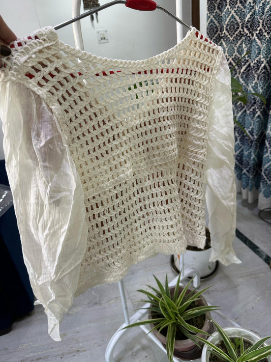 Bohemian Crochet Orgenza Sleeve Mesh Crop Top