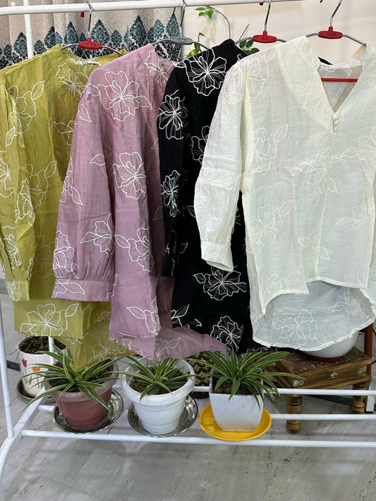 Flower Embroidered Organza V Neck Buttoned Top