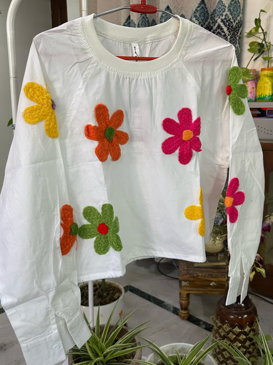 White Floral Round Neck Rainbow Crop Top