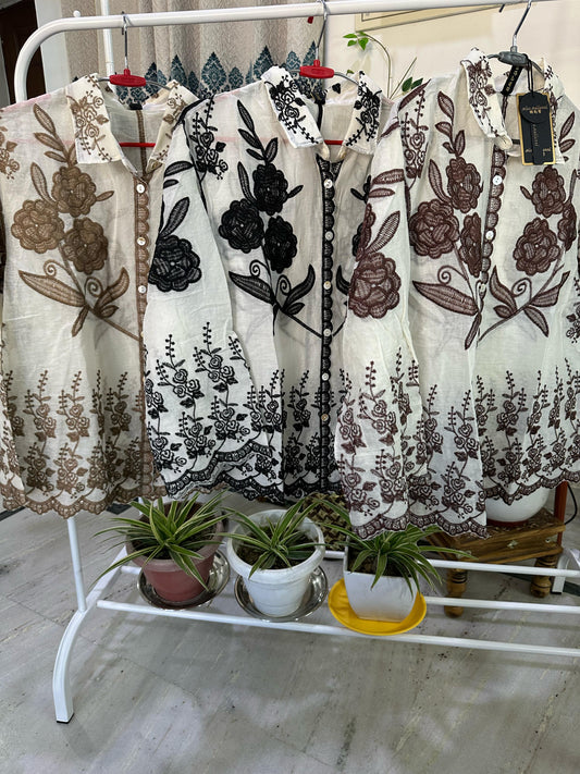 Rose Embroidered Cutwork Khadi Shirt