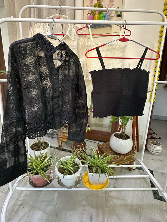 Flower Embroidered Lace Ruffled Organza Shirt with Stretchable Inner