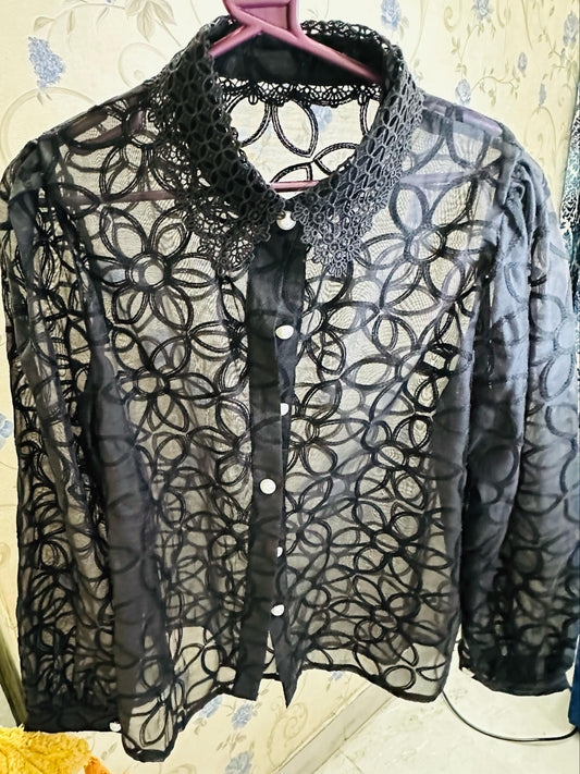 Pearl Collar Designer Chikankari Organza Shirt