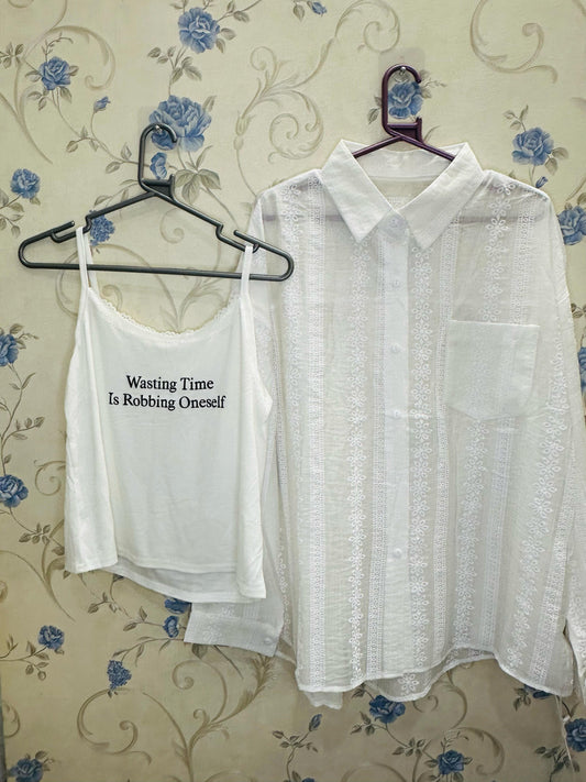 Chikankari Flower Embroidered Stripe Organza Shirt with Inner