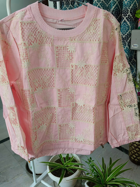 Round Neck Box Flower Embroidered Cotton Top