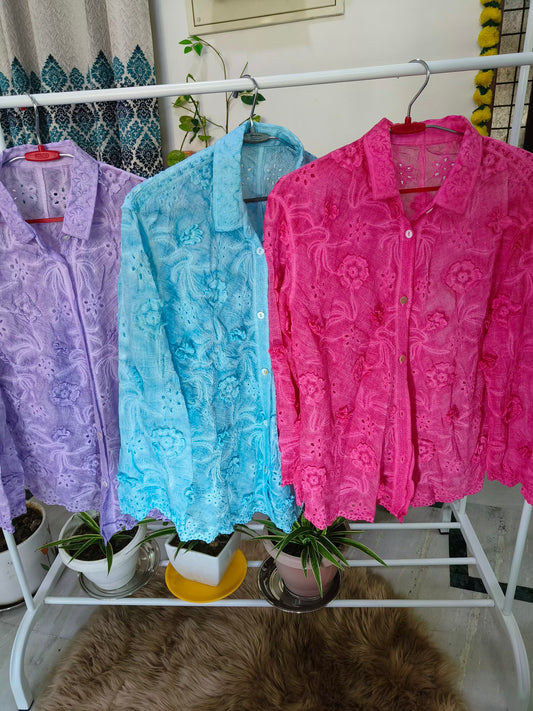 Linen Crushed Chikankari Leaf Design Shirt