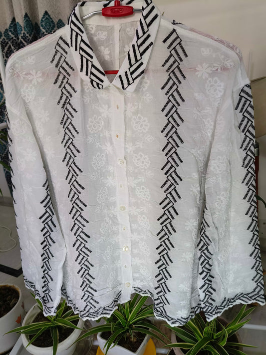 Soft Linen Threadwork Embroidery Zig Zag Shirt