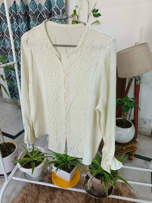 Flower Embroidered Net Cutwork Lacy Linen Shirt