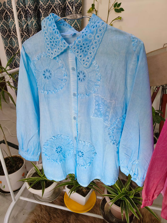 Crushed Cotton Eyelet Embroidered Shirt