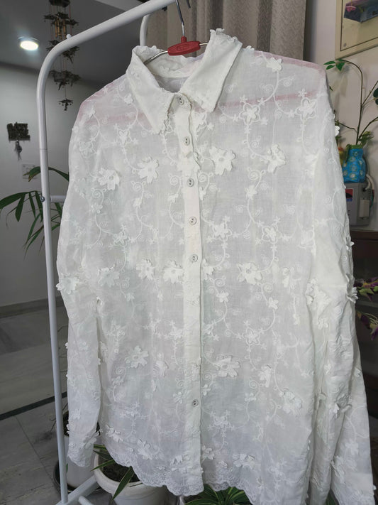 Pure Cotton Chikankari Flower Design Cutwork Shirt