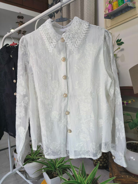 Organza Threadwork Net Collar Pearl Buttoned Shirt