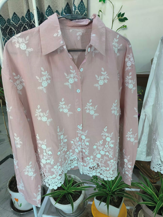 Handwork Embroidered Flower Mesh Design Shirt