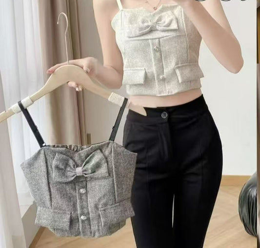 Bow Tie Sweetheart Neck Top with Buttons and Pockets