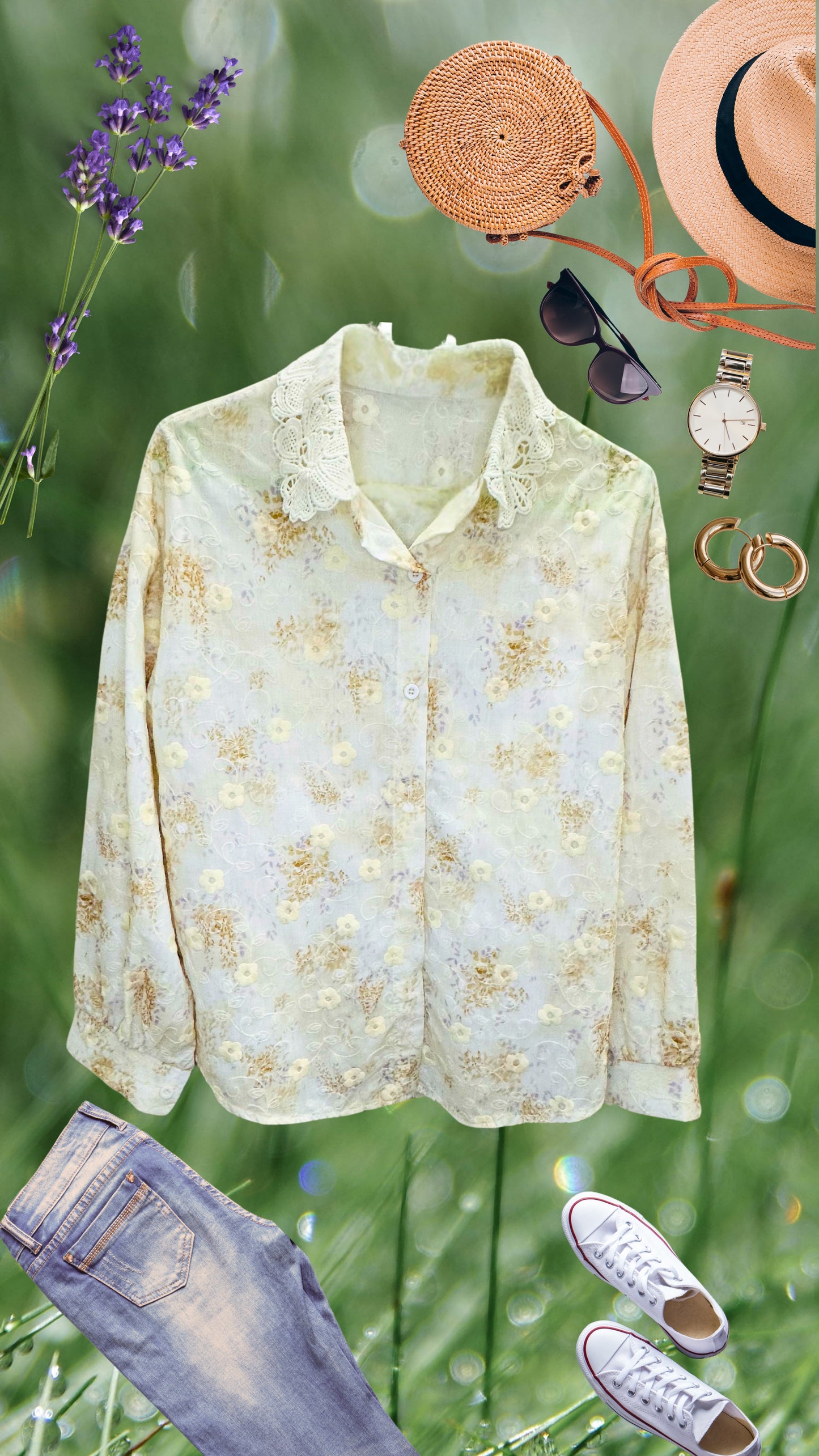 Flower Embroidered Lacy Collar Shirt