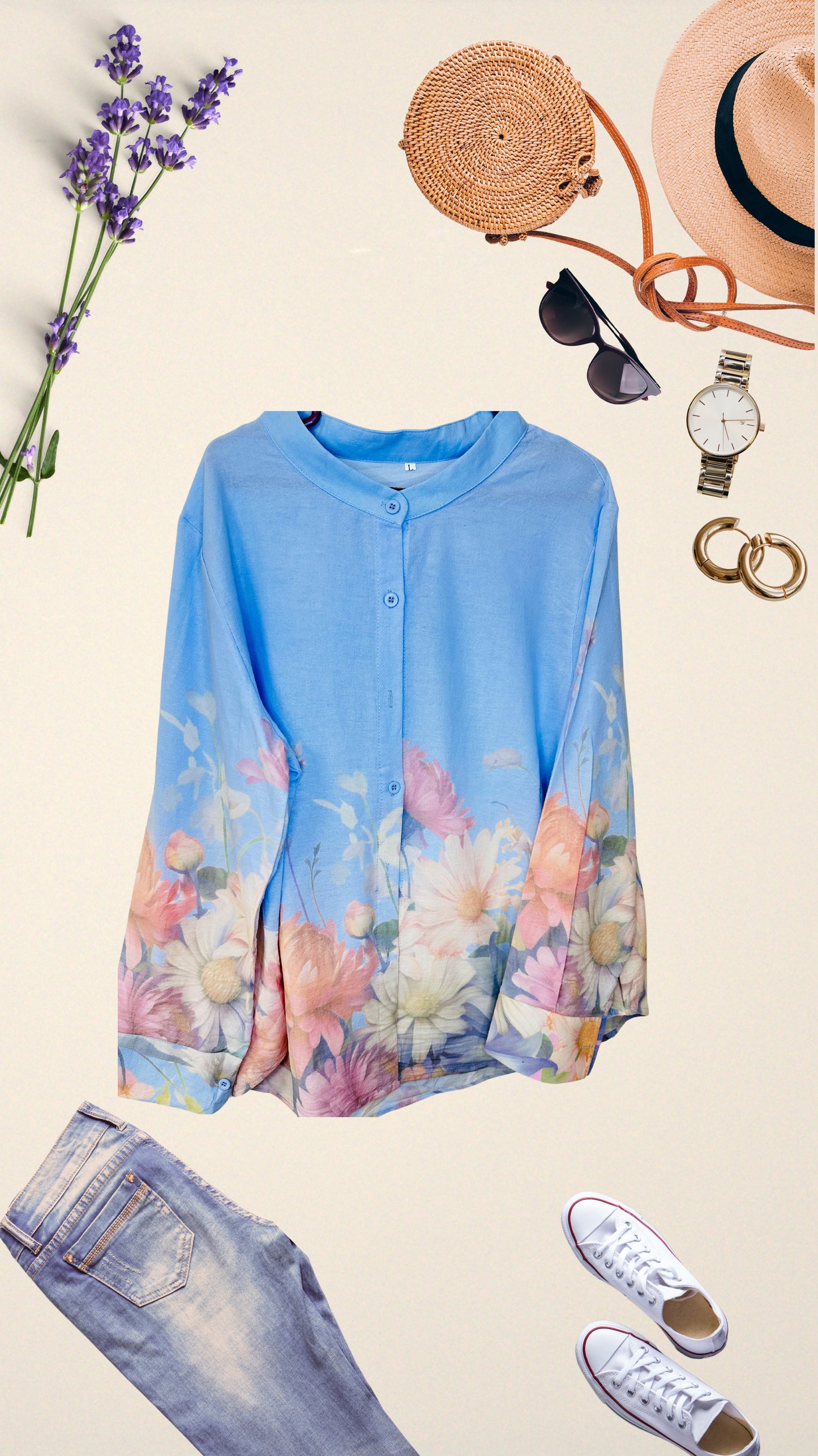 Flower Printed Chinese Collar Shirt