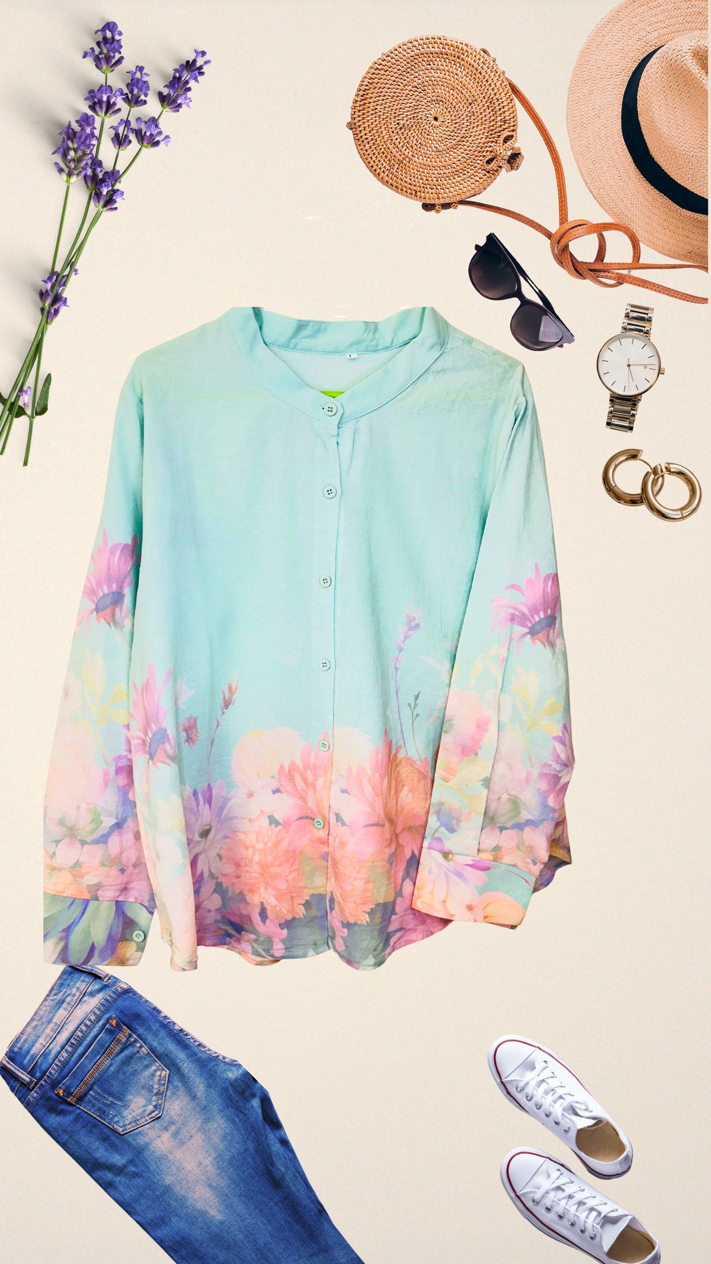 Flower Printed Chinese Collar Shirt