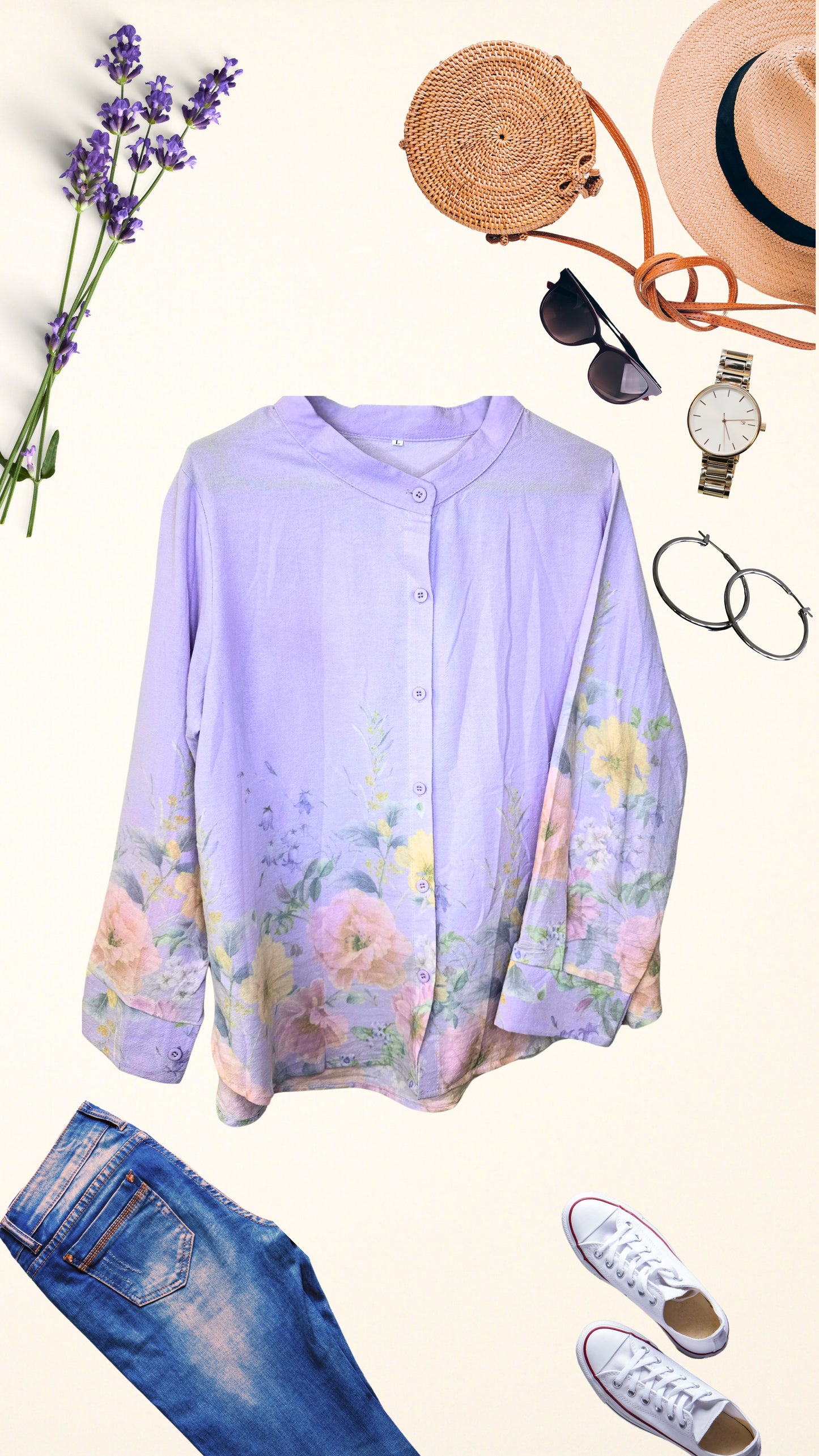 Flower Printed Chinese Collar Shirt