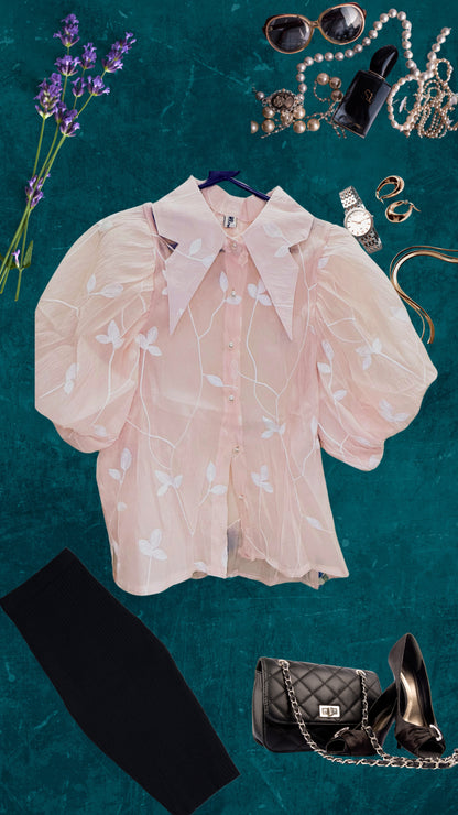 Georgette Leaf Embroidered Extra Puffy Half Sleeve Shirt with Inner