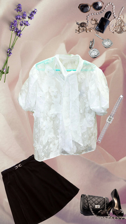 Bowtie Flower Pearl Embroidered Half Sleeve Puff Top with Inner