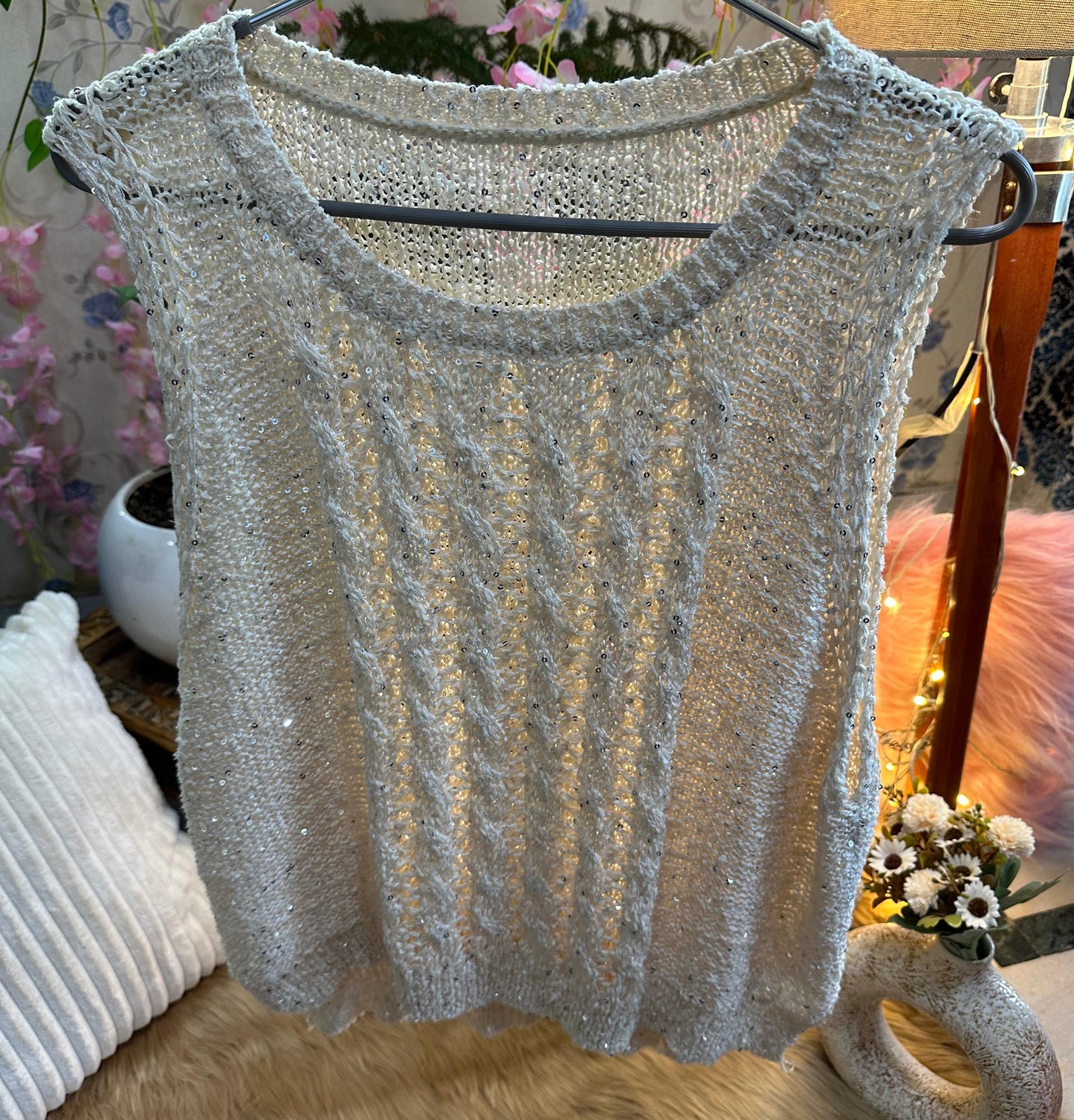 Crochet All Day Off White Sleeveless Glitter Pre Winter Top