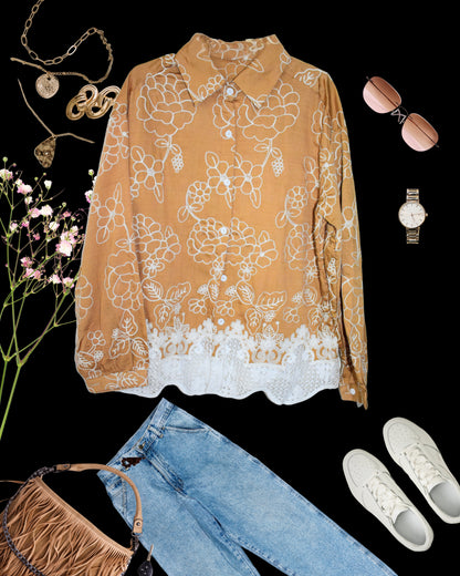 Flower Mesh Embroidered Glaze Cotton Cutwork Shirt