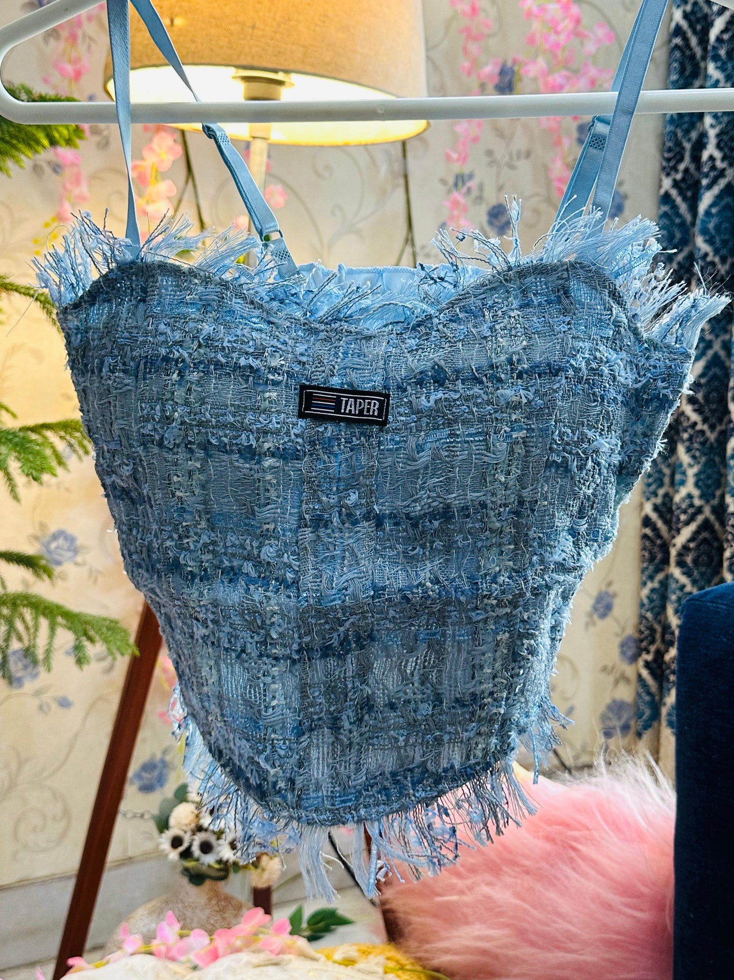 Glitzy Blitzy Denim Ruffled Taper Top