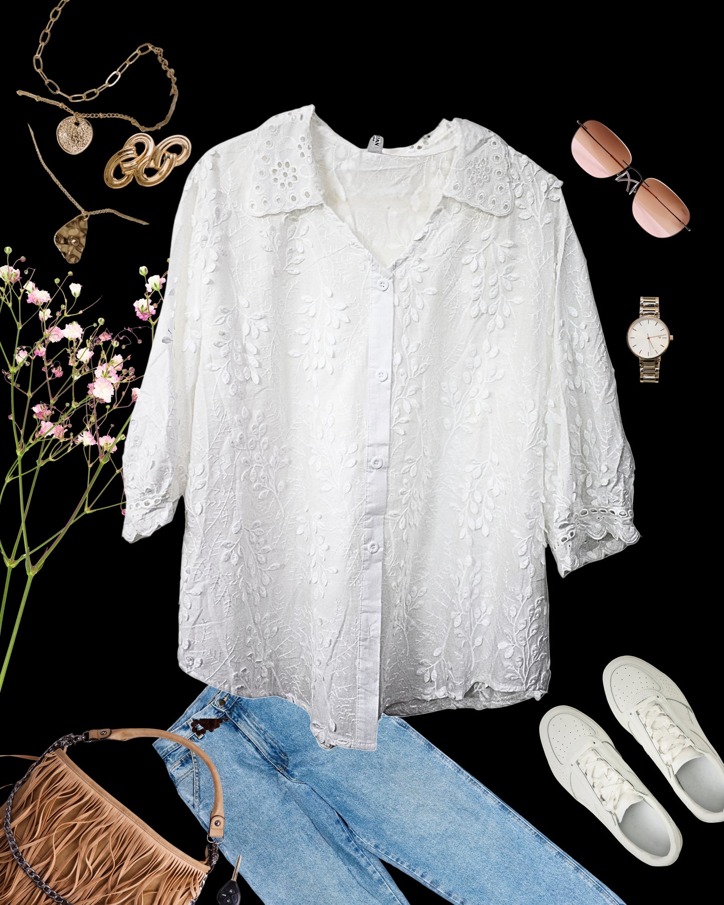 Threadwork Lace Embroidered Cotton Shirt