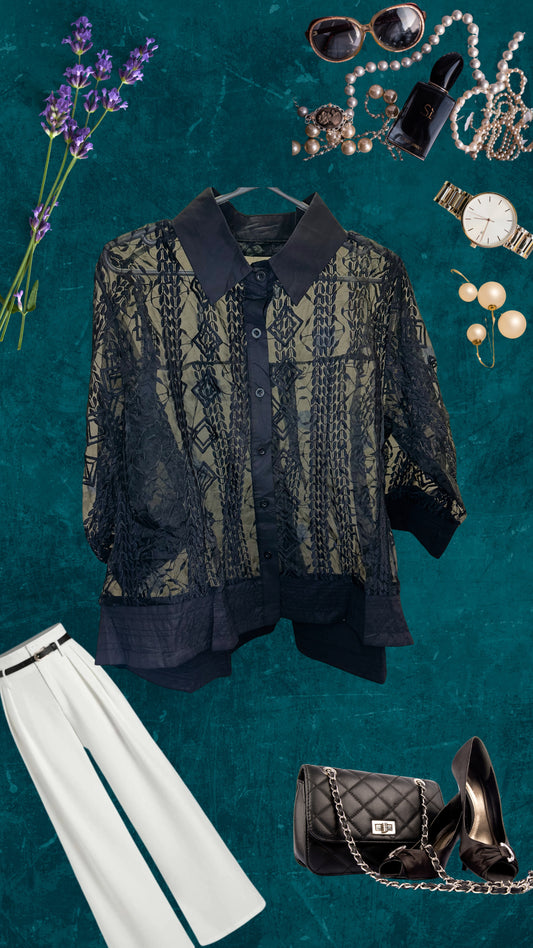 Vertical Leaf Embroidered Transy Umbrella Shirt with Inner