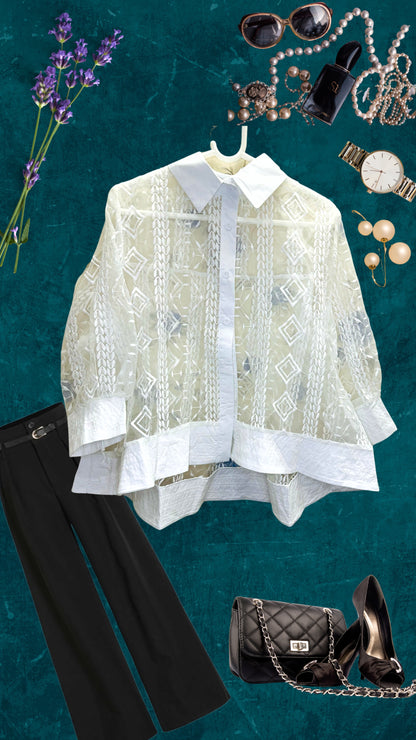 Vertical Leaf Embroidered Transy Umbrella Shirt with Inner