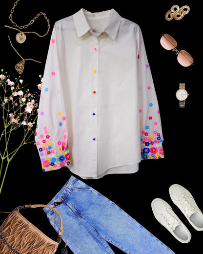 Sleeve flower embroidered Solid Shirt