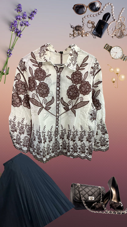 Rose Embroidered Cutwork Khadi Shirt