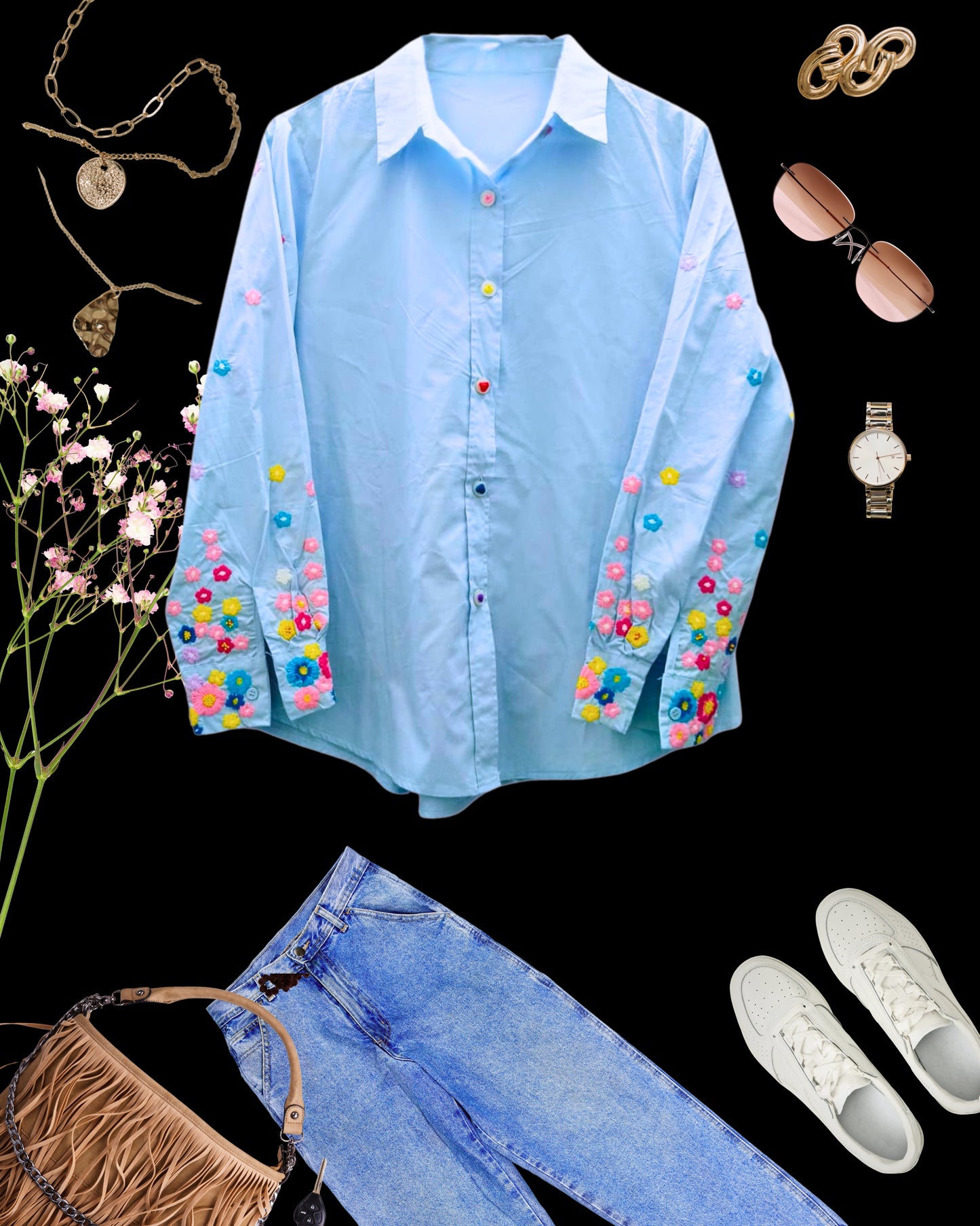 Sleeve flower embroidered Solid Shirt
