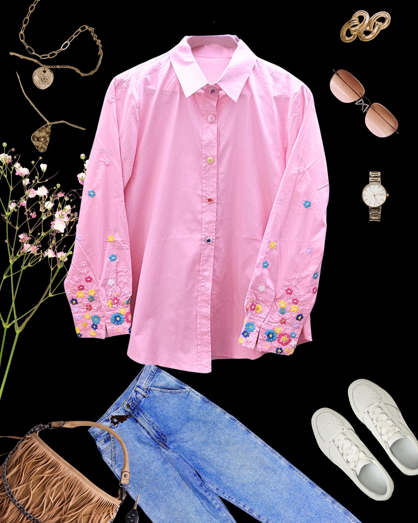 Sleeve flower embroidered Solid Shirt