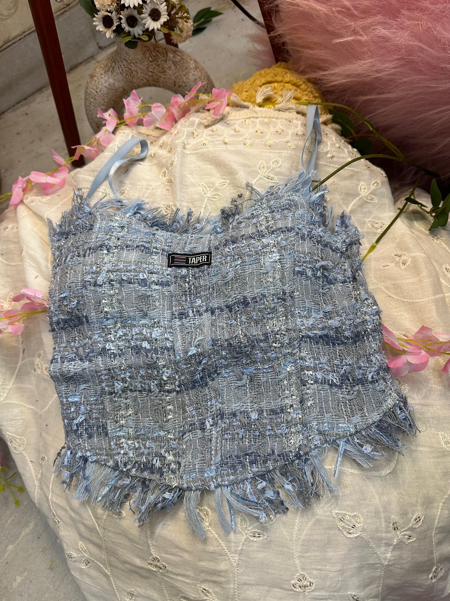 Glitzy Blitzy Denim Ruffled Taper Top