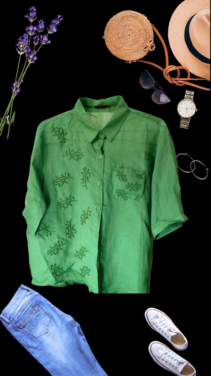 Pure Linen Chikankari Solid Half Sleeve Shirt