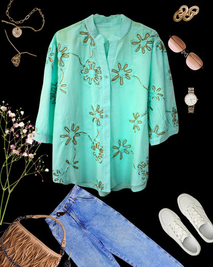 Thread embroidered Pure Cotton Chinese collar Shirt