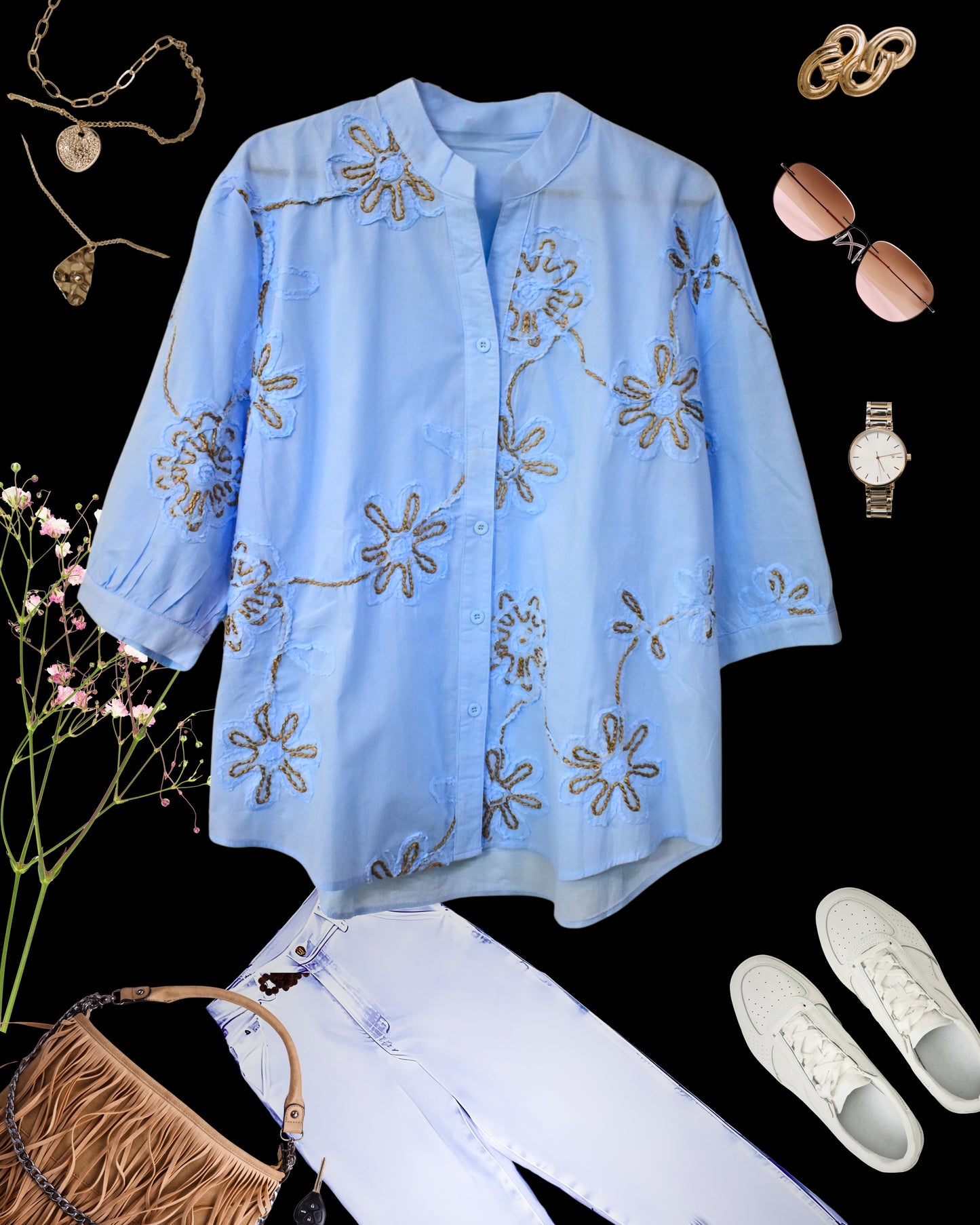 Thread embroidered Pure Cotton Chinese collar Shirt