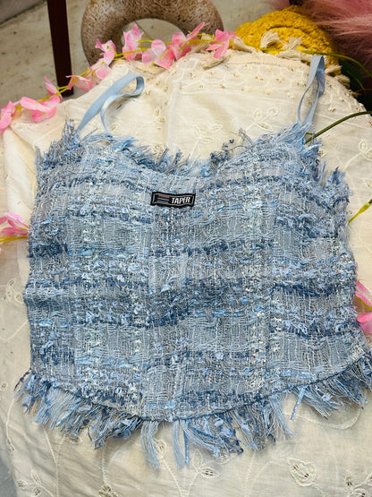 Glitzy Blitzy Denim Ruffled Taper Top