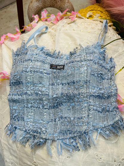 Glitzy Blitzy Denim Ruffled Taper Top