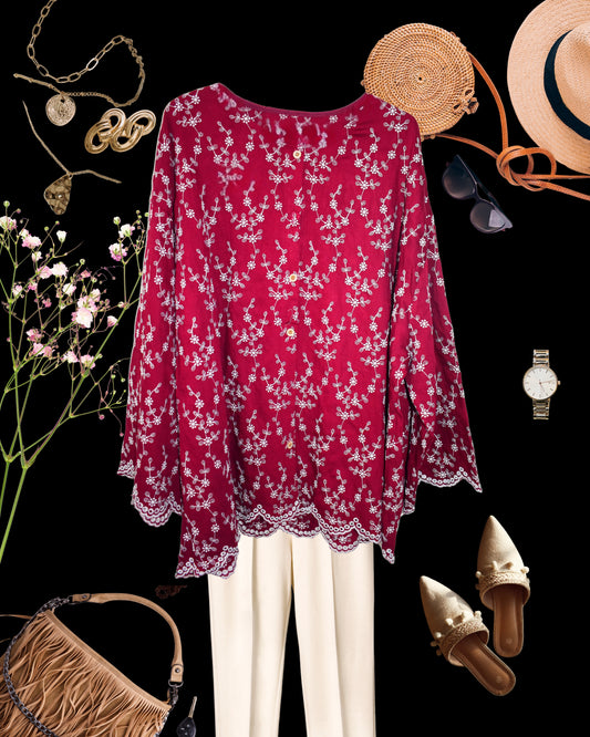 Fully Embroidered Buttoned Cutwork Top