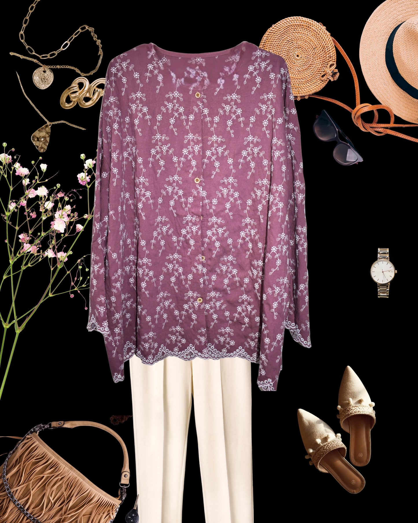 Fully Embroidered Buttoned Cutwork Top