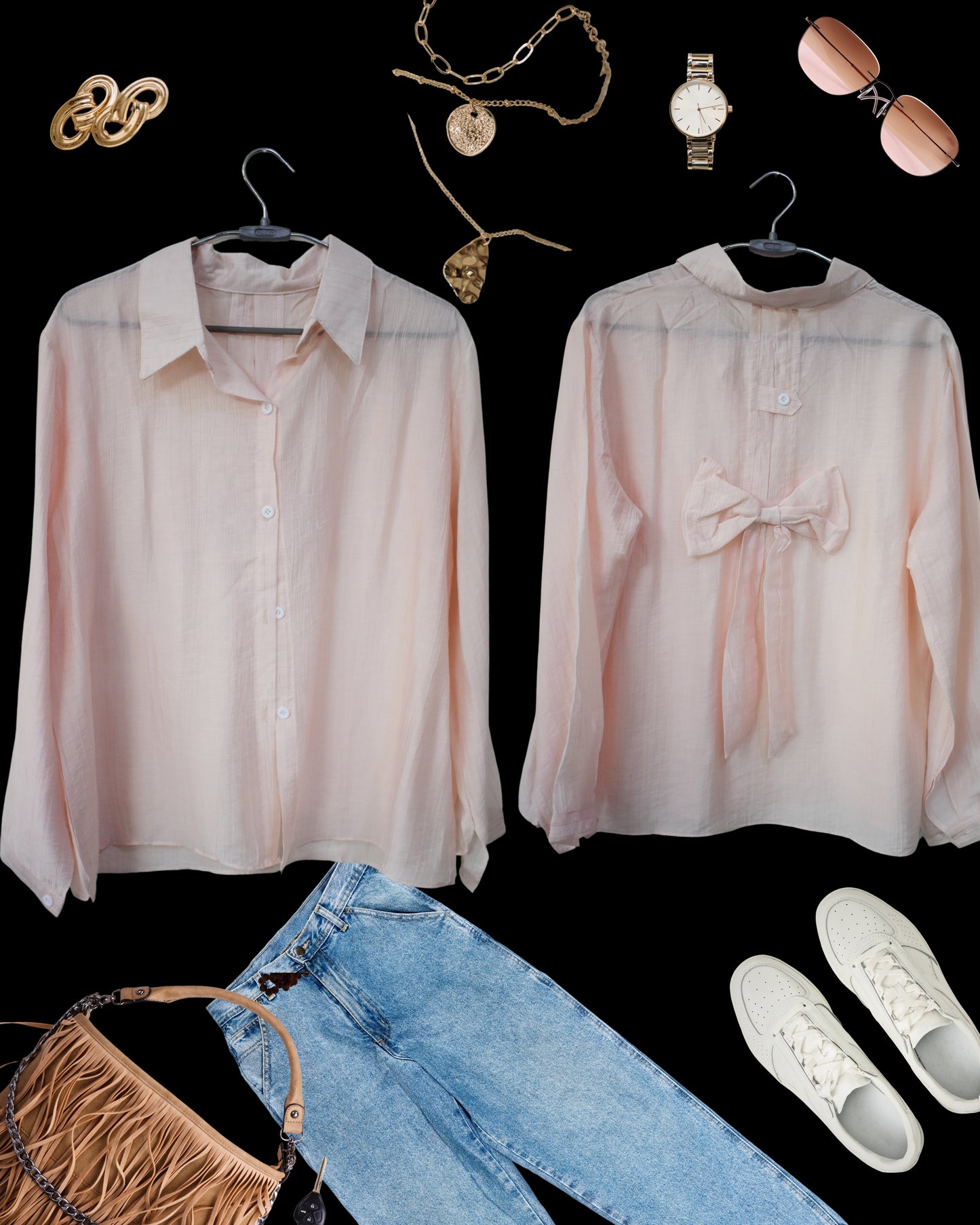 Airy Crinkled Cotton Back Bow Shirt with Inner