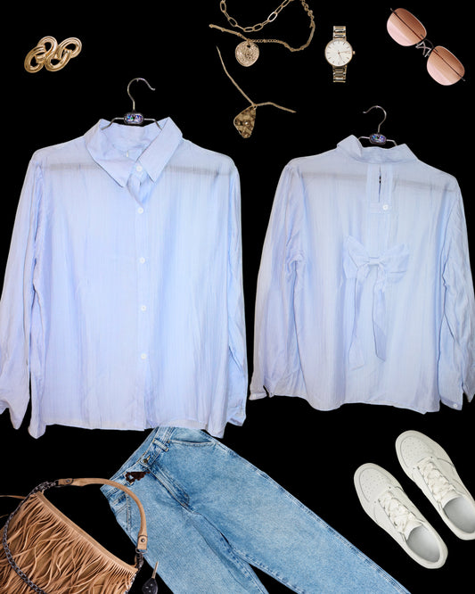 Airy Crinkled Cotton Back Bow Shirt with Inner